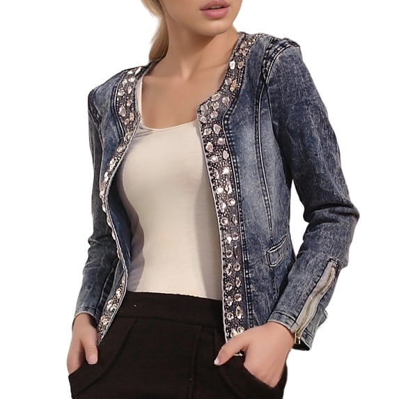 Denim Jacket for Women Rhinestone Sequins Zip Sleeve Crew Neck Stretch Short Outerwear Casual Lightweight Fall Coat