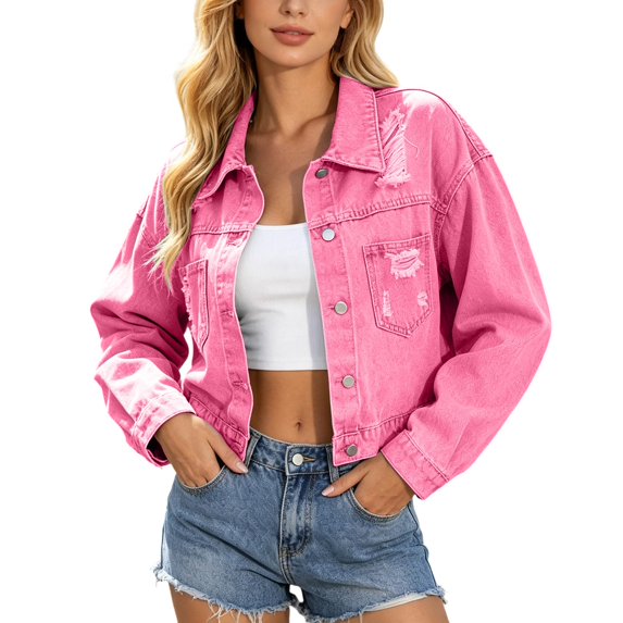 Denim Jacket for Women Ripped Tassel Lapel Button Down Long Sleeve Outerwear Casual Lightweight Fall Coat