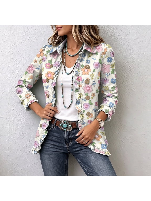 Denim Jacket for Women Ruffle Trim Button Down Long Sleeve Fall Fashion Jean Jacket Women Casual Vintage Western Lapel Collared Jacket Coat