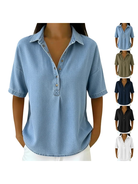 Denim Jacket for Women Short Sleeve Shirts for Women Henley Neck Chambray Top Women
