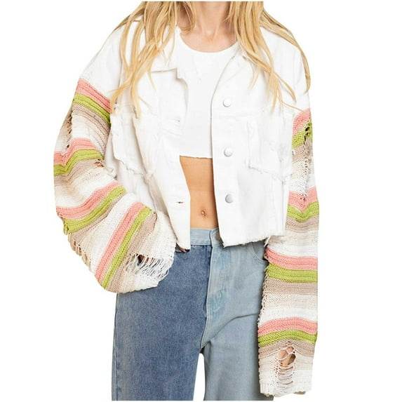 Denim Jacket for Women Stripe Long Sleeve Knit Patchwork Ripped Frayed Hem Jean Jacket Casual Distressed Jackets Coat Ladies Clothes