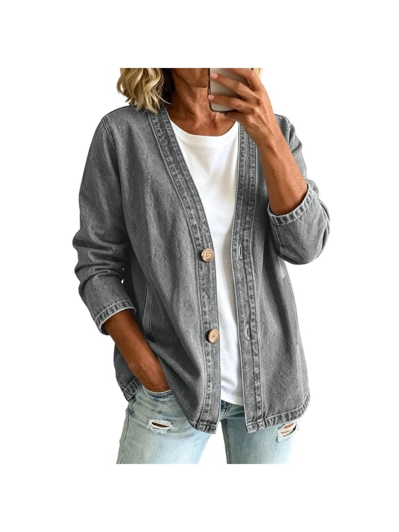 Denim Jacket for Women Trendy Plus Size Casual Womens Ladies Oversize Jeans Chain Jacket Pocket Coat