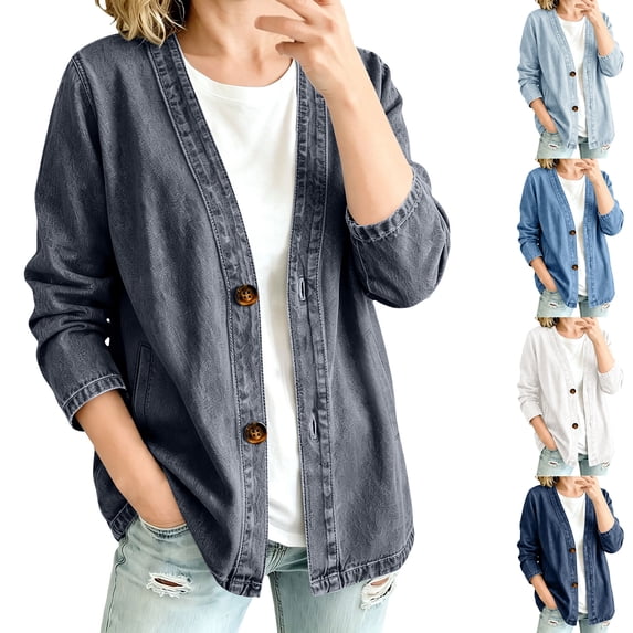 Denim Jacket for Women V Neck Button Front Breathable Stretch Lightweight Jean Jacket Relaxed Fit Long Sleeve Fashion Jeans Cardigan Black XXL