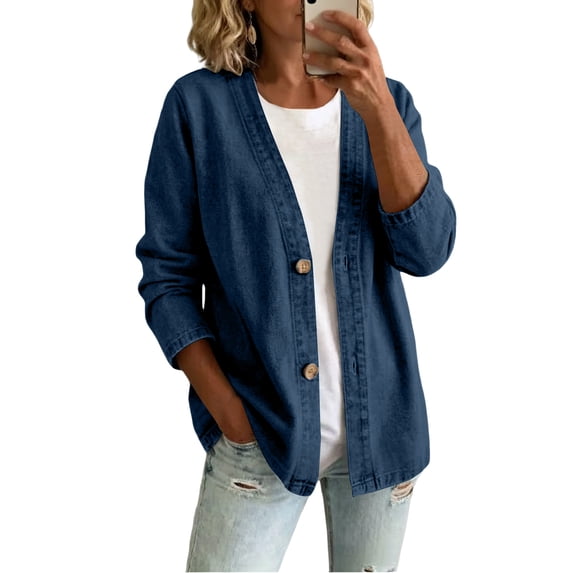 Denim Jacket for Women V-Neck Relaxed Classic Loose Fit Shaket Lightweight Vintage Fashion Button Jeans Cardigan,Dark Blue,M