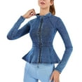 thumbnail image 1 of Denim Jacket for Women Vintage Zip Up Stand Collar Long Sleeve Slim Fit Stretchy Fitted Waist Casual Fashion Outer Coat for Office Travel Sky Blue M, 1 of 3