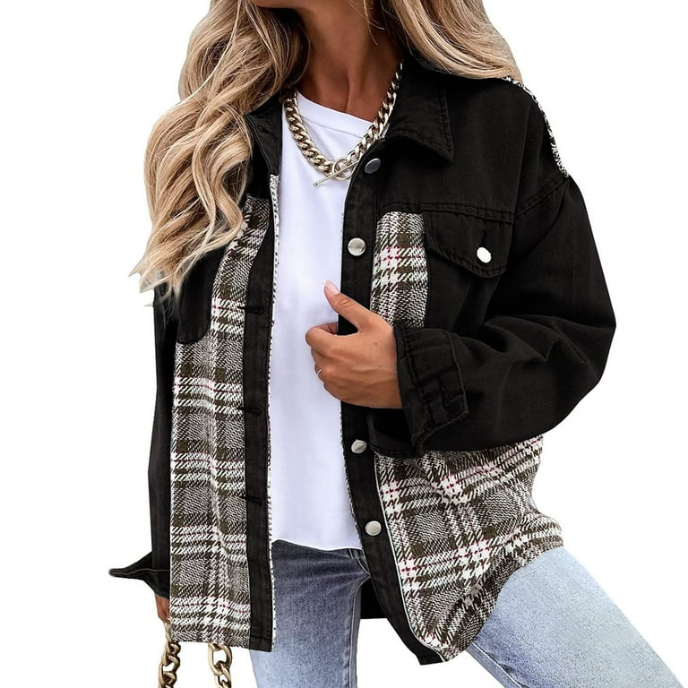 Denim Jacket for Women Womens Denim Jacket Plaid Washed Jean Jackets Cowgirl Button Down Shacket