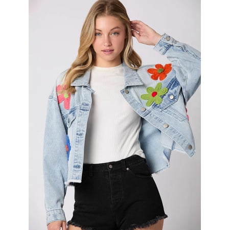 Denim Jacket with Flower Embroidery