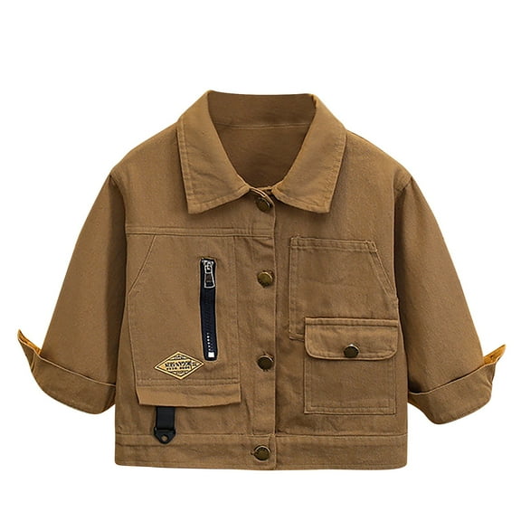 Denim Jackets Boys Girls Button Up Long Sleeve Lapel Collar Jean Shacket Outerwear with Pockets 1-12 Years (11 Years, Khaki)