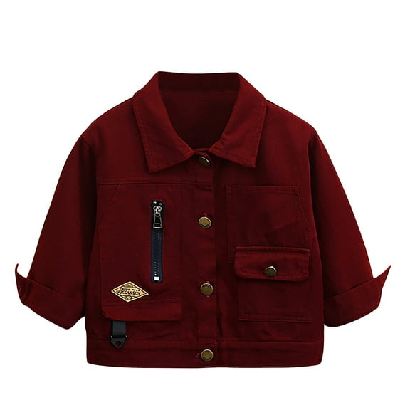 Denim Jackets Boys Girls Button Up Long Sleeve Lapel Collar Jean Shacket Outerwear with Pockets 1-12 Years (4 Years, Wine)
