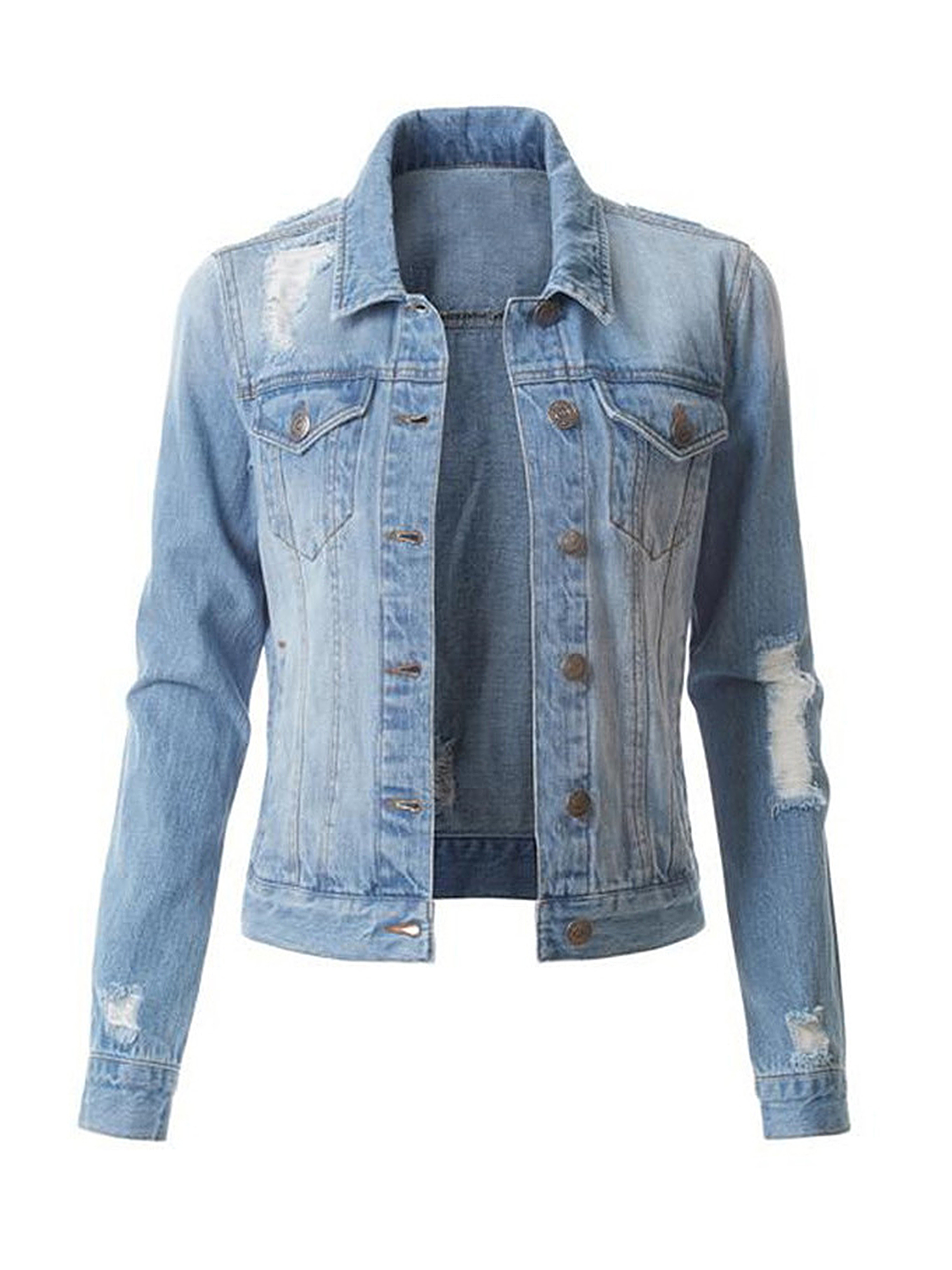 Denim Jackets For Women Long Sleeve Button Down Distressed Ripped Jeans Jacket Outwear Junior's Fashion Classic Denim Coat - image 1 of 2
