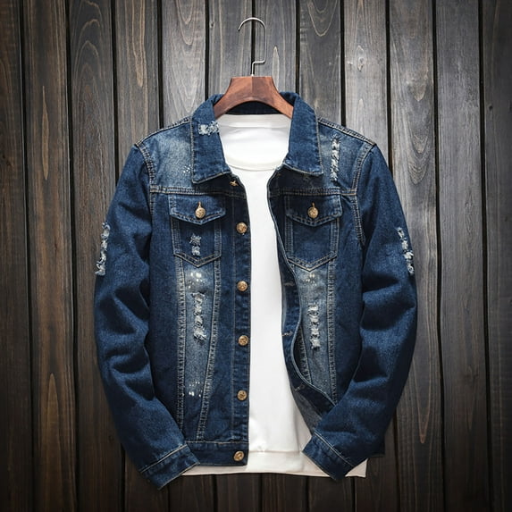 Denim Jackets For Men Fashion Stand Collar Long Sleeved Distressed Vintage Jackets Casual Slim Fit Streetwear Fall Winte Trucker Jean Coat With Pocket Blue XXL