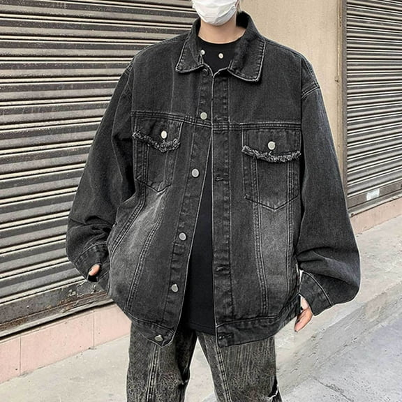 Denim Jackets for Men with Pockets Button-Down Collared Coats Mens Trendy Vintage Washed Solid Color Long Sleeve Going Out Streetwear Outerwear Jacket