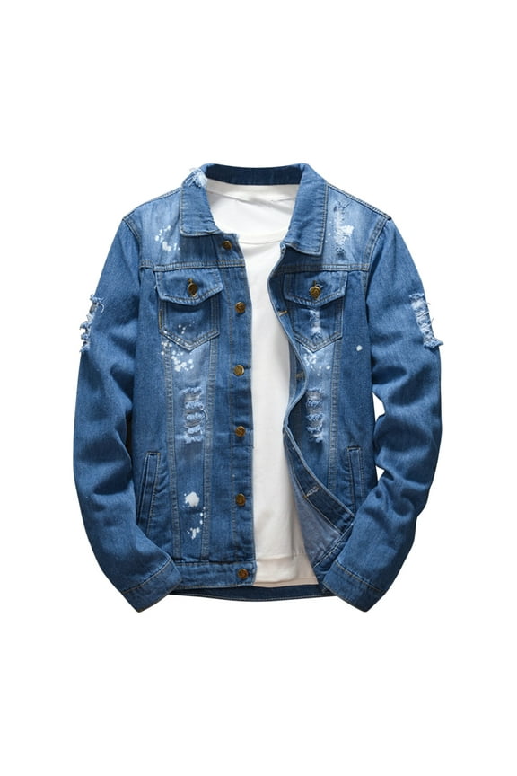 Denim Jackets Men Ripped Designer Jean Jackets Button Down Trucker Coat Washed Classic Cowboy Shirt Coats Lapel Collar Fall Winter Workwear Top Hiking Climbing Overcoat