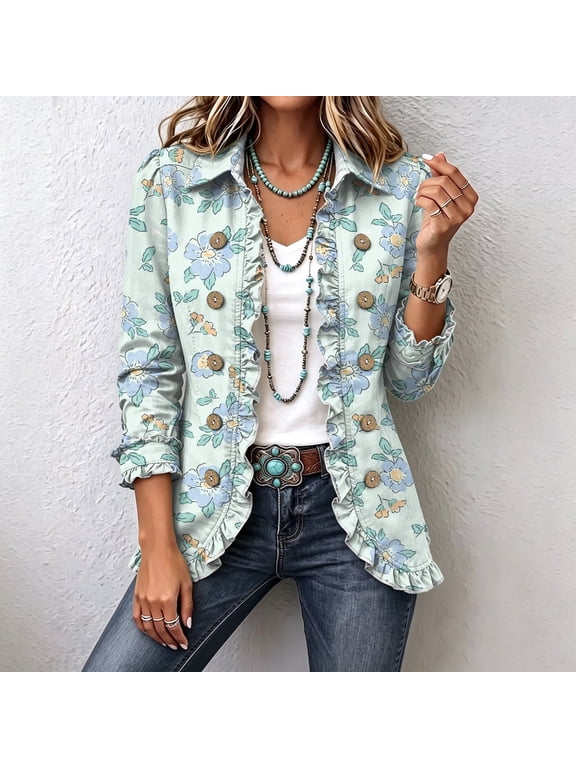 Denim Jackets for Women Ruffle Trim Button Down Long Sleeve Fall Fashion Jean Jacket Women Casual Western Vintage Lapel Collared Womens Blazer