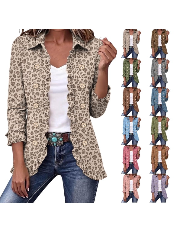 Denim Jackets for Women Ruffle Trim Leopard Print Long Sleeve Button Down Jean Jacket for Women Trendy Casual Fall Western Vintage Double Breast Open Front Jacket Coat