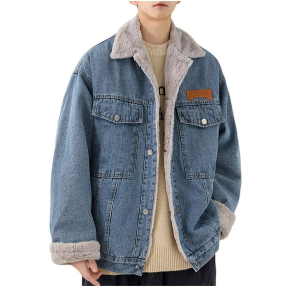 Denim Jackets for Men Fleece Lined Button-Down Jean Coats with Pockets and Collared Long Sleeve Solid Color Thermal Warm Sherpa Outerwear Jacket