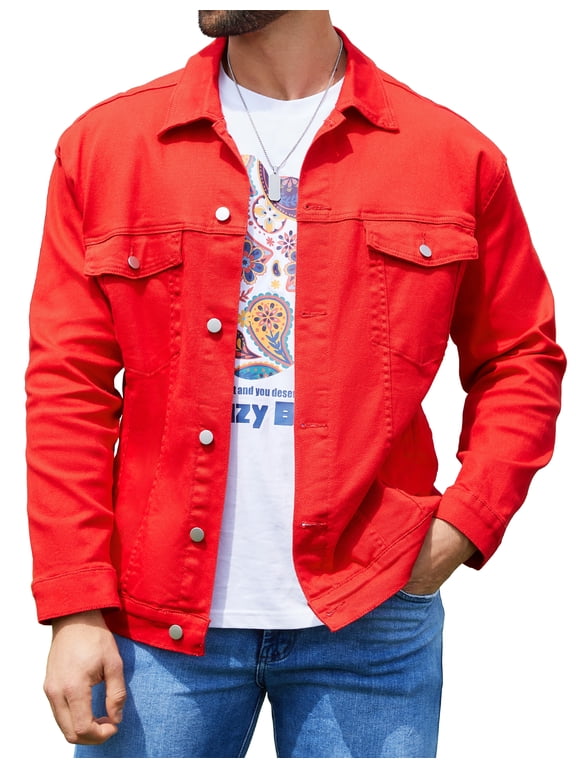 Denim Jackets for Men Trucker Jean Jacket Unlined Coats Spring Fall Outfits(Red,L)