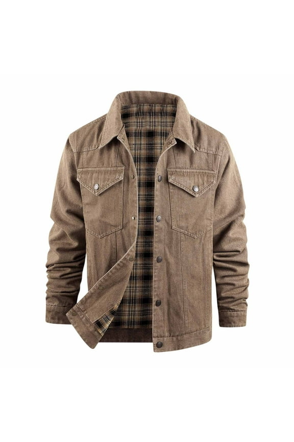 Denim Jackets for Men with Pockets Button-Down Collared Coats Long Sleeve Trendy Plaid Printed Loose Vintage Streetwear Outerwear Jean Jacket