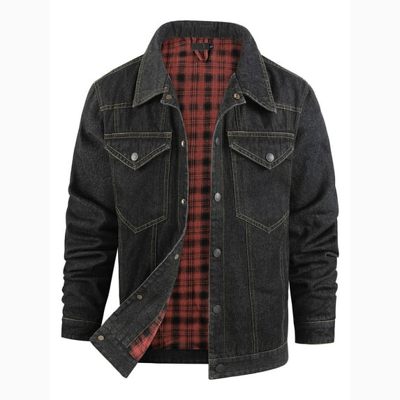 Denim Jackets for Men with Pockets and Collared Button-Down Jean Coats Mens Trendy Solid Color Long Sleeve Plaid Streetwear Outerwear Jacket