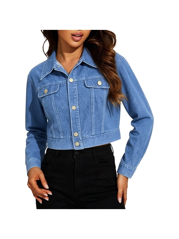 Denim Jackets for Women Cropped Long Sleeve Basic Button Down Crop Jean Shacket with Pockets