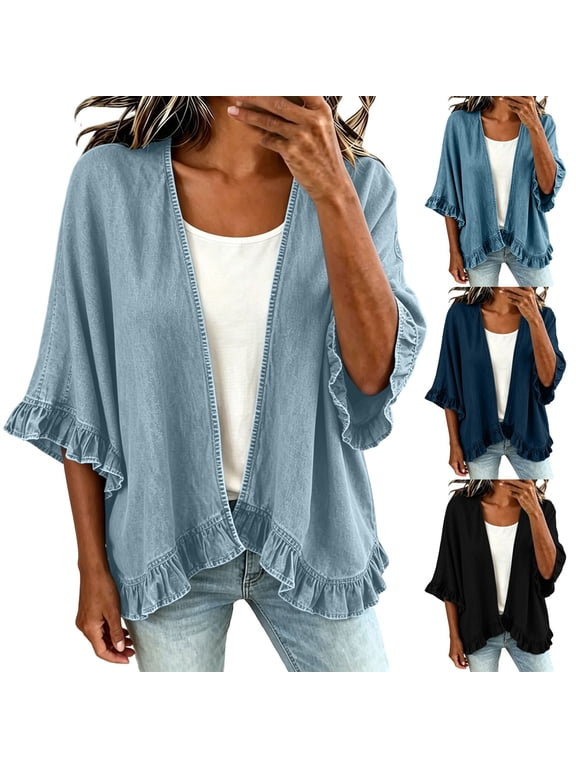 Denim Jackets for Women, Elbow-Length Sleeve Outerwear with Flared Sleeves & Open Front Design, Commuting Street Casual Wear | VerBelle,Black L