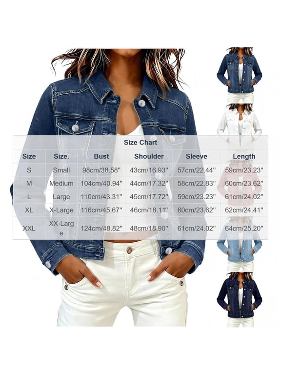 Denim Jackets for Women Long Sleeve Button Front Collar Casual Fashion Coats with Multi Pockets
