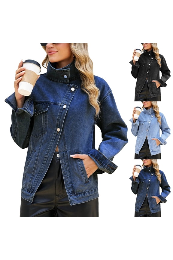Denim Jackets for Women Long Sleeve High Neck Trendy Jean Jacket Asymmetrical Button Down Casual Street Style Coat