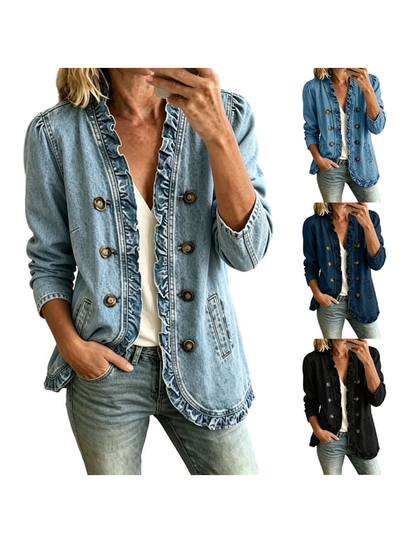 Denim Jackets for Women, Long Sleeve Ruffle Hem Outerwear with Collarless Double Button & Side Pockets, Casual Layering Wear | VerBelle,Black M