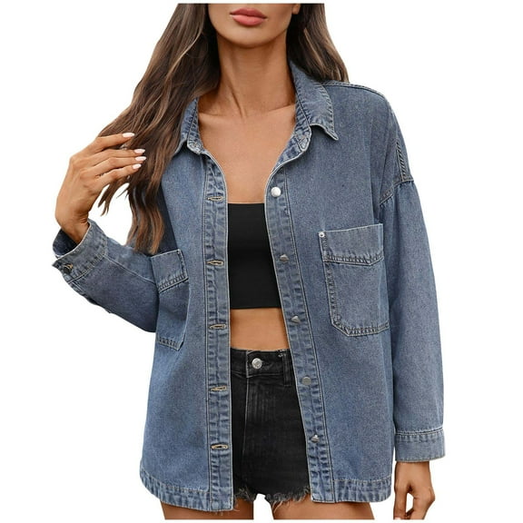 Denim Jackets for Women Oversized Long Sleeve Button Down Shirt Casual Jean Top with Pockets Blue M