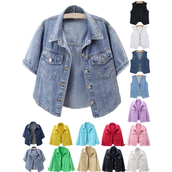 Denim Jackets for Women Plus Size Short Sleeve Versatile Jean Cardigan Jacket Thin Shawl Top Blouse Light Blue S