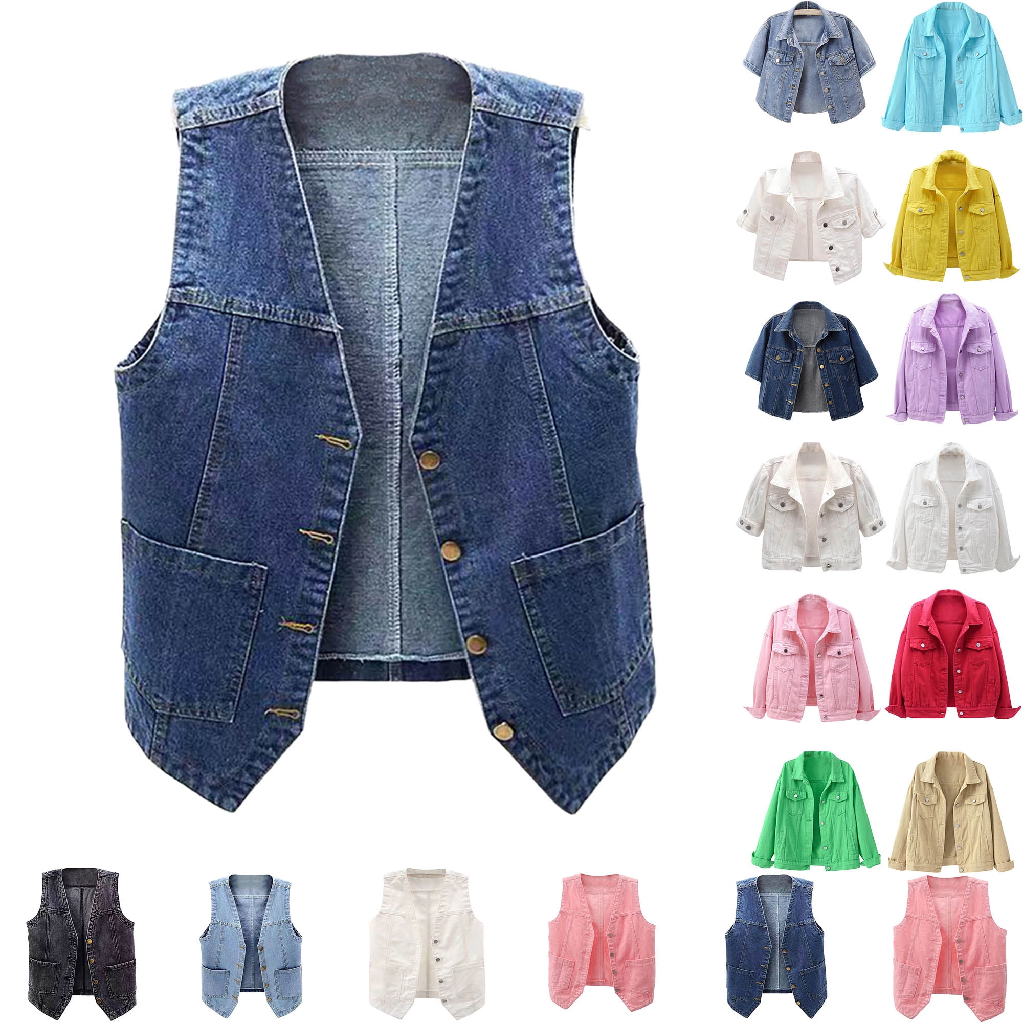 Denim Jackets for Women Solid Color Versatile Casual V-neck Jean Tank ...