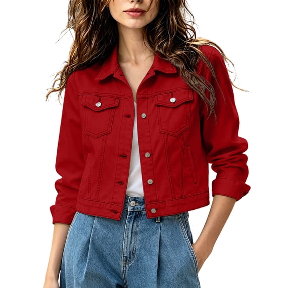 Denim Jackets for Women Trendy Lightweight Long Sleeve Button Down Jean Jackets Denim Shacket Colored Trucker Coat Red M