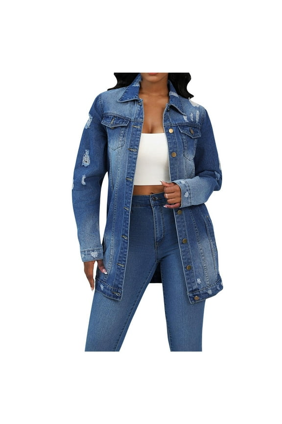 Denim Jackets for Women Trendy Plus Size Casual Collar Button Down Long Sleeve Jean Tops Shirt with Pockets (Dark Blue L)