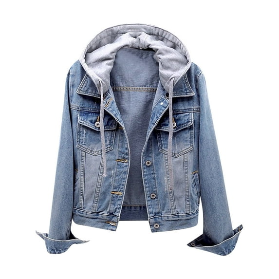Denim Jean Jacket for Lady Womens Hooded Denim Jacket Classic Casual Jean Hoodie Jackets Slim Fitting Button Denim Coat Streetwear Light blue M