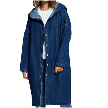 Denim Jean Jacket for Women Women's Mid Length Casual Handsome Distressed Long Trench Coat S-162 Blue One Size