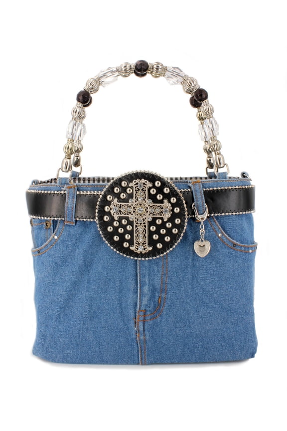 Denim Jean Purse w/ Rhinestone Cross Charm Belt - BG-BJ144MBK