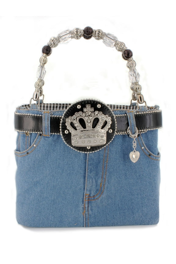 Denim Jean Purse w/ Rhinestone Crown Charm Belt - BG-BJ142MBK