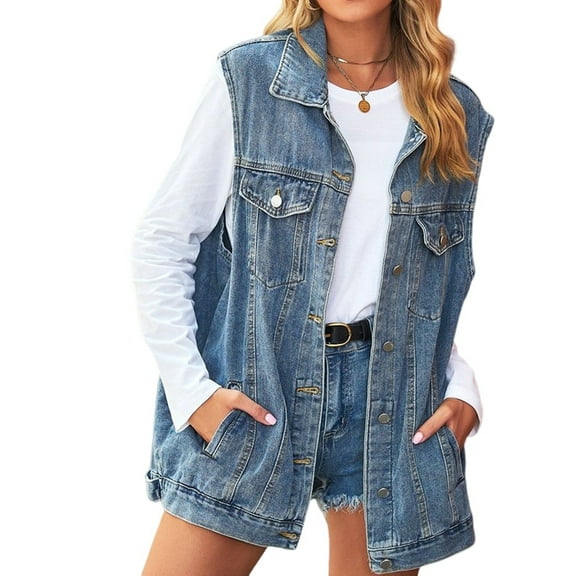 Denim Jean Vest for Women Oversized Sleeveless Button Down Denim Jean Vest Waistcoat Shacket Jacket Blue XL
