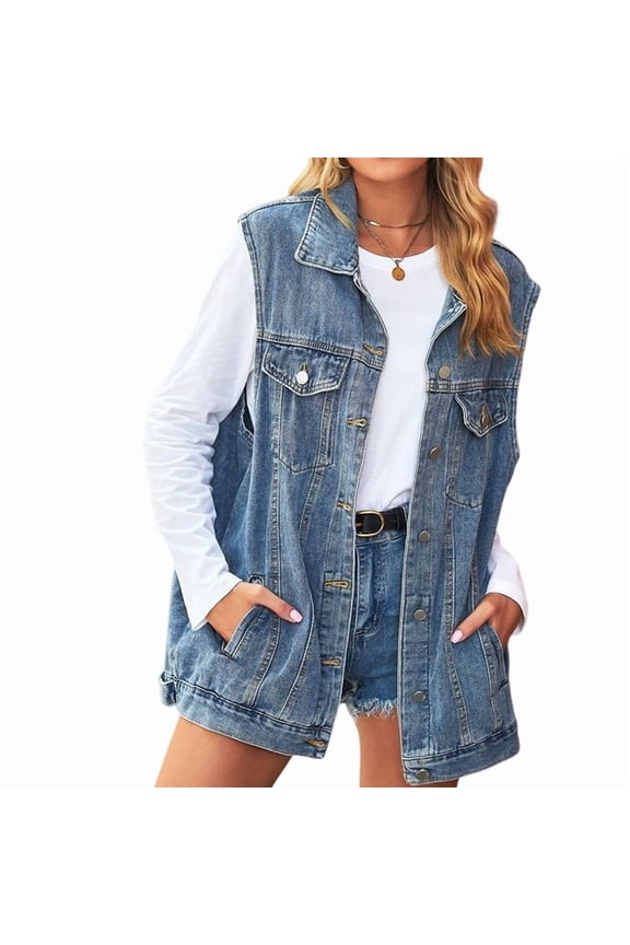 Denim Jean Vest for Women Oversized Sleeveless Button Down Denim Jean Vest Waistcoat Shacket Jacket Blue XL