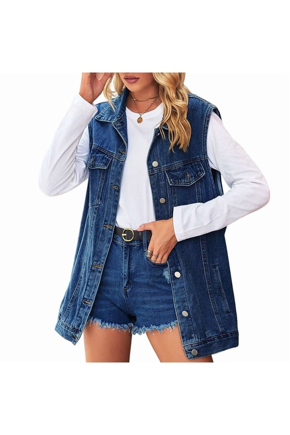 Denim Jean Vest for Women Oversized Sleeveless Button Down Denim Jean Vest Waistcoat Shacket Jacket Dark Blue S