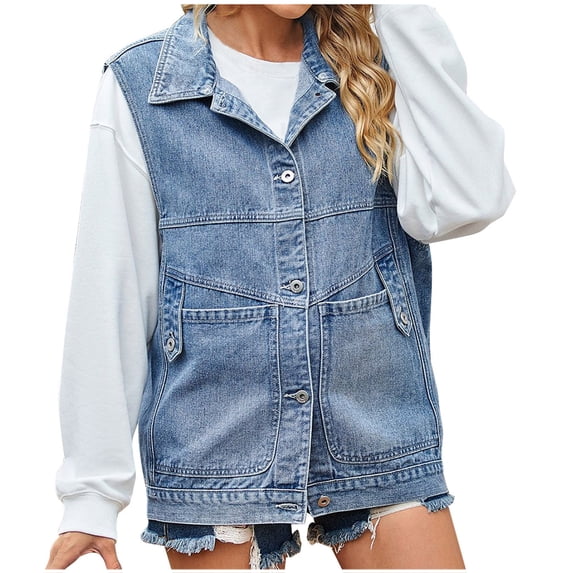 Denim Jean Vests for Women with Pockets Boyfriend Jacket Sleeveless Outwear Loose Blue Black Streetwear Fall Casual (Small, Blue)