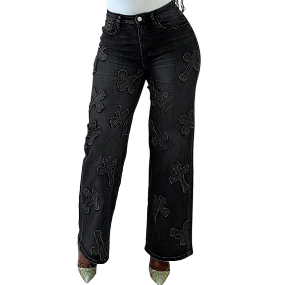 Denim Jeans Women Pants Pocket Patchwork Star Accents Zipper Fly High Waist Full Lenth Wide Leg Pants Y2K Streetwear