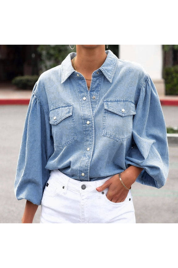 Denim Jeans Women's Shirts Full Sleeves Shirt Turn Down Collar Jeans Shirt Wax Jean Jacket for Women Juniors Casual Jackets Distressed Denim Jacket Women Light Jacket Women Fringe Denim Jacket Women