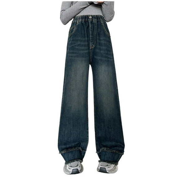Denim Jeans for Girls Streetwear Casual Straight Wide Leg Pants High Waisted Baggy Trousers with Pockets School Outfits Size 5-15
