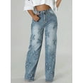 thumbnail image 1 of Denim Jeans for Women Stretch Mid Rise Button Elastic Waist Jeans Cross Embellished Wide Leg Jeans Perfect for Edgy Casual Streetwear Looks, 1 of 7
