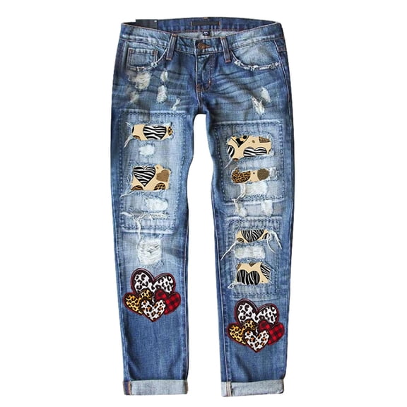 Denim Jeans for Women Valentines Heart Printed Ripped Straight Leg Mid Rise Denim Festive Pattern Plus Size Casual Jeans