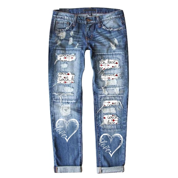 Denim Jeans for Women Valentines Heart Printed Ripped Straight Leg Mid Rise Denim Festive Pattern Plus Size Womens Jeans