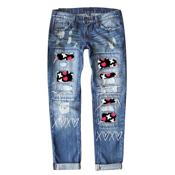 Denim Jeans for Women Valentines Heart Printed Ripped Straight Leg Mid Rise Denim Festive Pattern Plus Size Womens Jeans