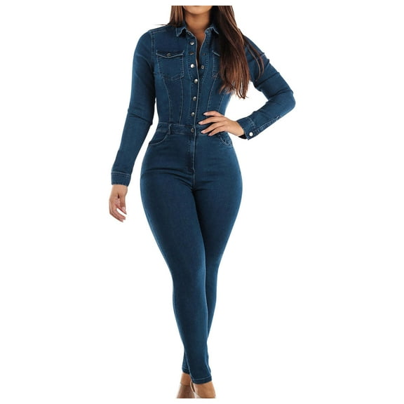 Denim Jumpsuit For Women Long Sleeved Shirt Collar With Waistband And Slim Elastic Small Cuffs With Pockets Denim Jumpsuit Blue M