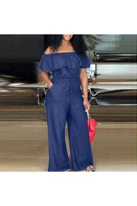 Denim Jumpsuit for Women,Cargo Jeans Jumpsuit Strapless Wide Leg Loose Baggy Romper One Shoulder Ruffle Jean Rompers Blue 2XL